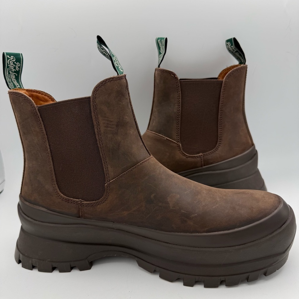 Polo Country Ralph Lauren Brown AR Lug Chelsea Leather Boots Vibram NEW 9M 10.5W
